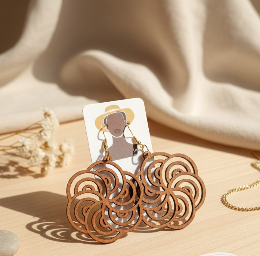 Geometric Brown Wooden Flower Drop Earrings