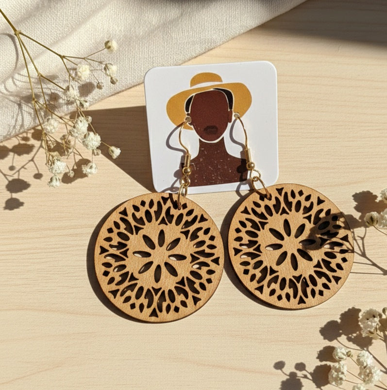 Mandala Flower Brown Wooden Circle Earrings