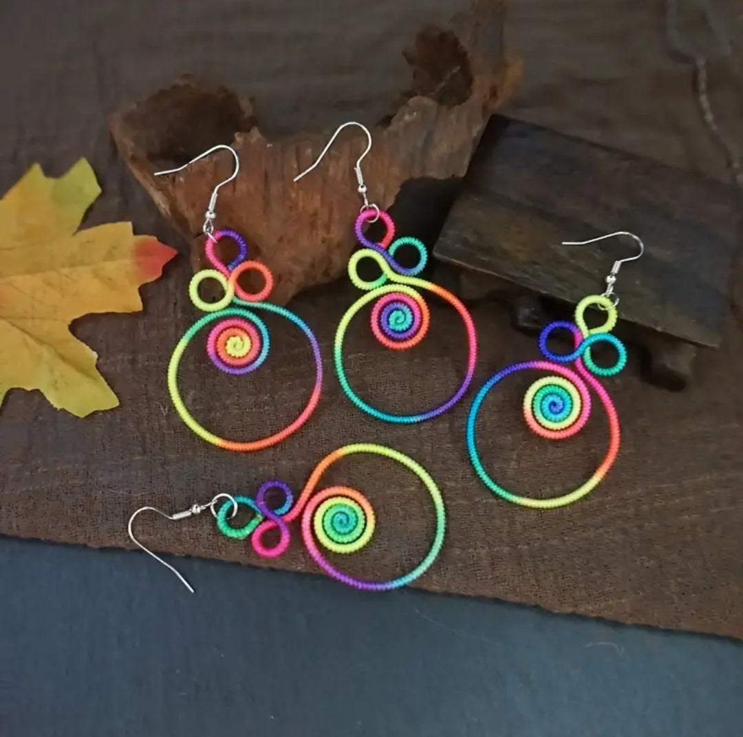 Neon Rainbow Spiral Knot Earrings
