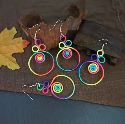 Neon Rainbow Spiral Knot Earrings