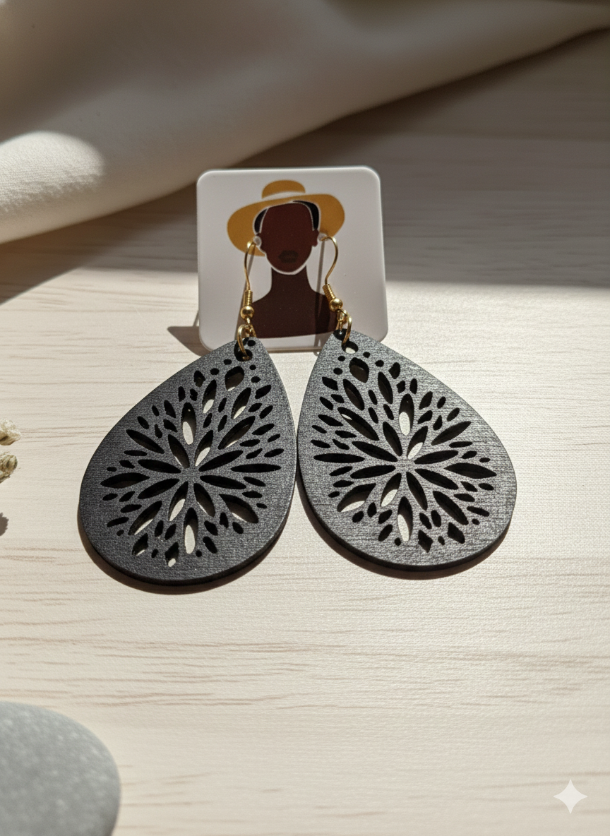 Black Floral Filigree Teardrop Earrings