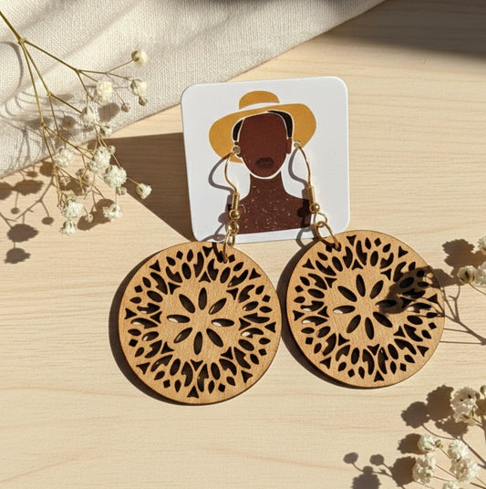 Mandala Flower Brown Wooden Circle Earrings