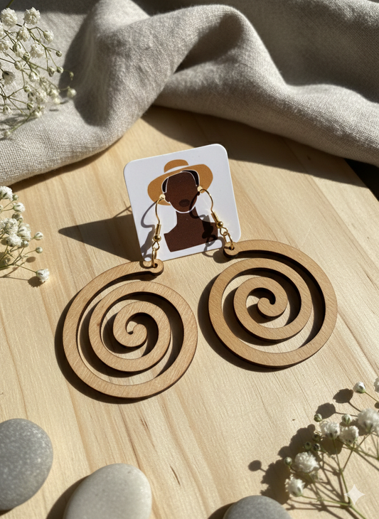Boho Spiral Brown Wood Earrings