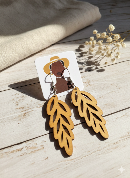 Natural Brown Wood Leaf Dangle Earrings