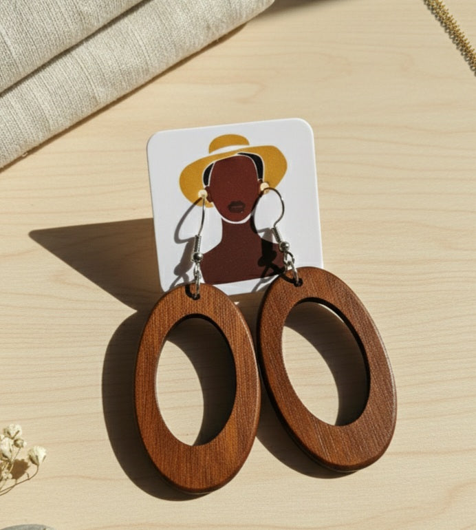 Classic Dark Brown Wood Oval Hoop Earrings