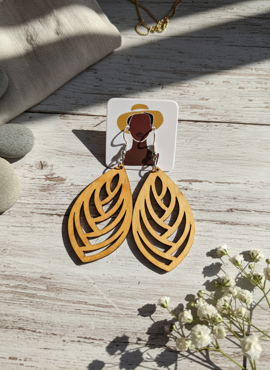 Modern Brown Leaf Vein Wood Drop Earrings