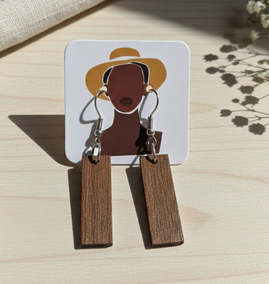 Minimalist Brown Wood Bar Drop Earrings