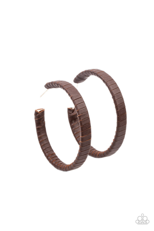 Leather-Clad Legend Brown Hoop Earrings Paparazzi